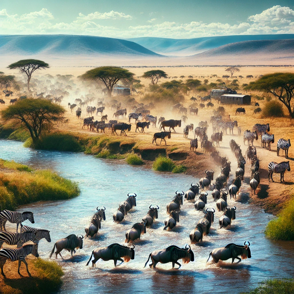 Wildebeests and zebras crossing a river in Serengeti National Park during the Great Migration