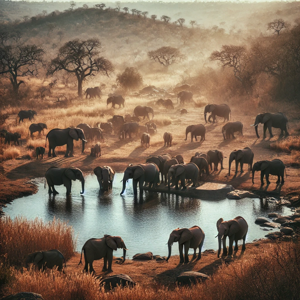 Elephants gathered around a watering hole in Kruger National Park