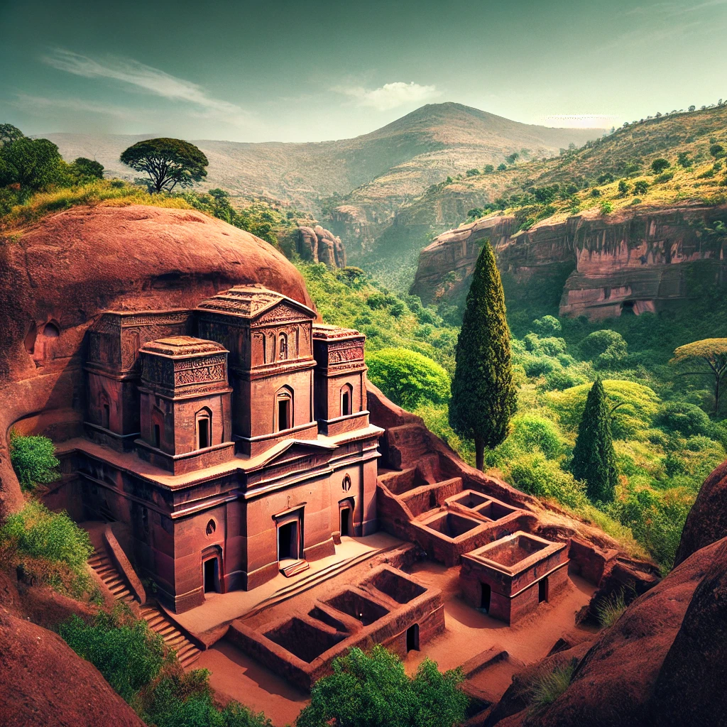 Rock-hewn Church of St. George in Lalibela, Ethiopia with lush green surroundings