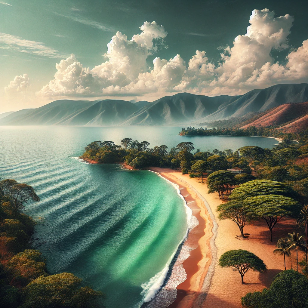 Serene view of Lake Tanganyika with clear waters and mountainous surroundings