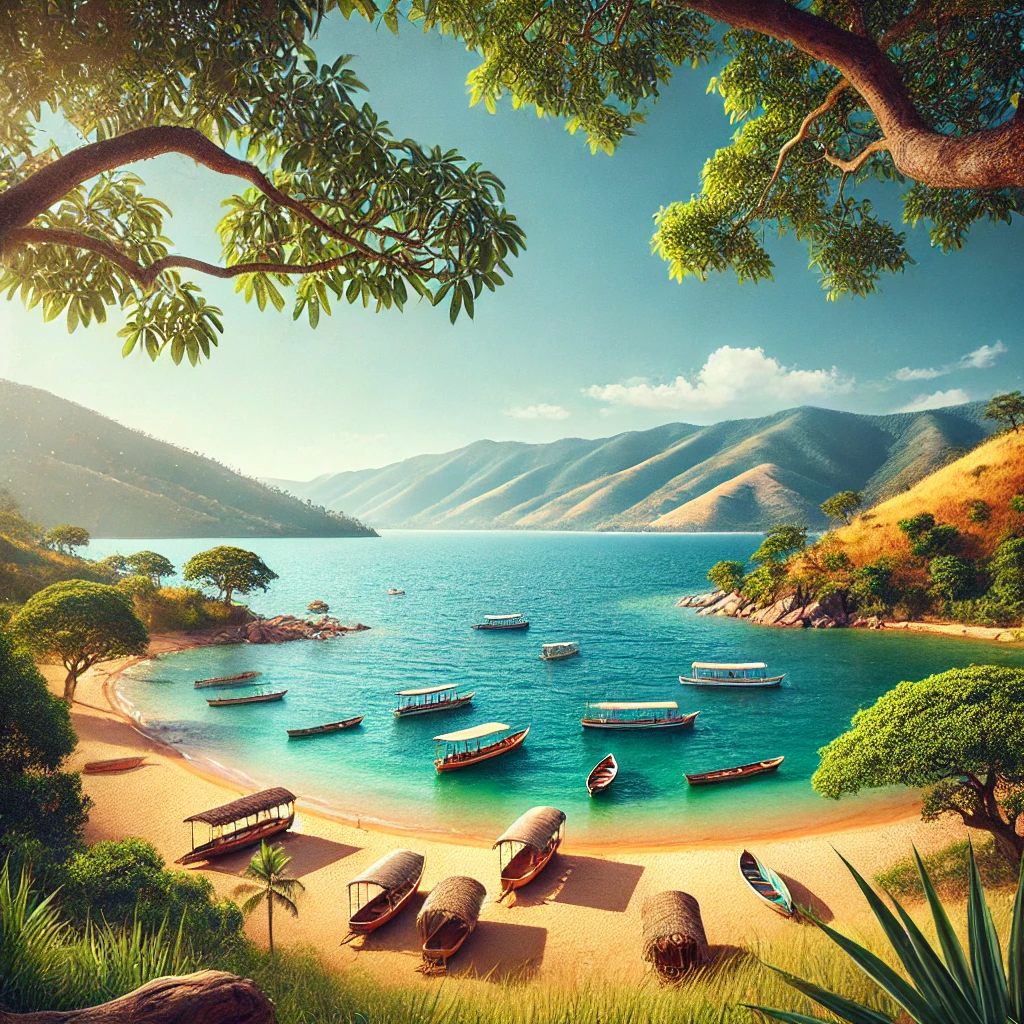 Clear waters and traditional boats on Lake Malawi with a scenic shoreline